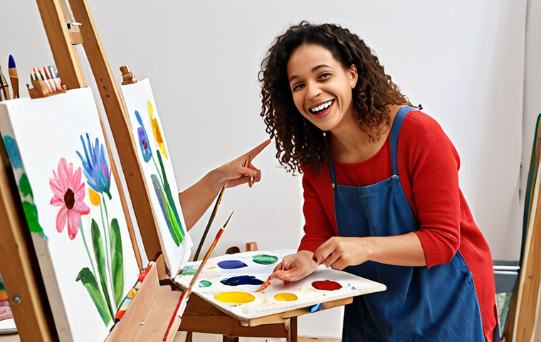 **
A person happily teaching a painting class in a bright, modern Parisian art studio. Students are diverse in age and background, all engaged in their art projects. The teacher is pointing to a student's work with a smile. Emphasis on the joy of teaching and the vibrant atmosphere. "French art class, happy teacher, diverse students, bright studio, painting lesson"
**