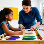 A diverse art educator, fully clothed in modest, comfortable professional attire, gently guiding a young student's hand as they paint a vibrant abstract piece on a canvas in a well-lit, spacious art studio. The studio is filled with easels, paint tubes, brushes, and various art supplies. Students in the background are also engaged in creative activities. The scene is full of soft, natural light, showcasing a warm, inspiring, and encouraging atmosphere. safe for work, appropriate content, fully clothed, modest, perfect anatomy, correct proportions, natural pose, well-formed hands, proper finger count, natural body proportions, professional photography, high quality, family-friendly.