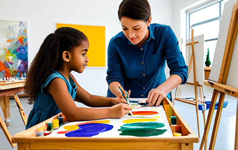 A diverse art educator, fully clothed in modest, comfortable professional attire, gently guiding a young student's hand as they paint a vibrant abstract piece on a canvas in a well-lit, spacious art studio. The studio is filled with easels, paint tubes, brushes, and various art supplies. Students in the background are also engaged in creative activities. The scene is full of soft, natural light, showcasing a warm, inspiring, and encouraging atmosphere. safe for work, appropriate content, fully clothed, modest, perfect anatomy, correct proportions, natural pose, well-formed hands, proper finger count, natural body proportions, professional photography, high quality, family-friendly.