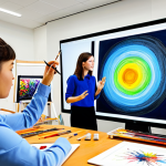 A professional female art educator, fully clothed in modest professional attire, stands in a brightly lit modern art studio. She is actively demonstrating digital painting techniques on a large interactive screen, while also gesturing towards a few in-person students seated at easels. Several remote students are visible on smaller screens integrated into the studio setup, actively engaged. The studio seamlessly blends traditional art supplies like canvases and paintbrushes with digital tablets and monitors. The overall atmosphere is collaborative and innovative. This image depicts safe for work, appropriate content, fully clothed, family-friendly, professional education, perfect anatomy, correct proportions, natural pose, well-formed hands, proper finger count, natural body proportions, high-quality digital illustration.