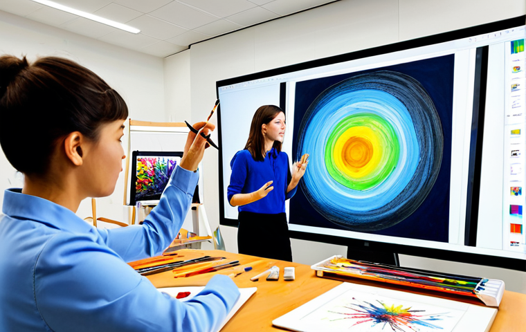 A professional female art educator, fully clothed in modest professional attire, stands in a brightly lit modern art studio. She is actively demonstrating digital painting techniques on a large interactive screen, while also gesturing towards a few in-person students seated at easels. Several remote students are visible on smaller screens integrated into the studio setup, actively engaged. The studio seamlessly blends traditional art supplies like canvases and paintbrushes with digital tablets and monitors. The overall atmosphere is collaborative and innovative. This image depicts safe for work, appropriate content, fully clothed, family-friendly, professional education, perfect anatomy, correct proportions, natural pose, well-formed hands, proper finger count, natural body proportions, high-quality digital illustration.