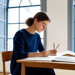 A focused young adult, a French art student, with perfect anatomy and natural proportions, dressed in professional, modest attire. The student is sitting at a well-organized studio desk, carefully reviewing a physical art portfolio. Their well-formed hands are gently turning pages of a sketchbook. The setting is a brightly lit, spacious art studio within a prestigious French art school, featuring high ceilings and large windows. The background hints at creative activity with art supplies neatly arranged on shelves. Professional photography, high resolution, realistic, soft studio lighting, natural body proportions, safe for work, appropriate content, fully clothed, modest, family-friendly.