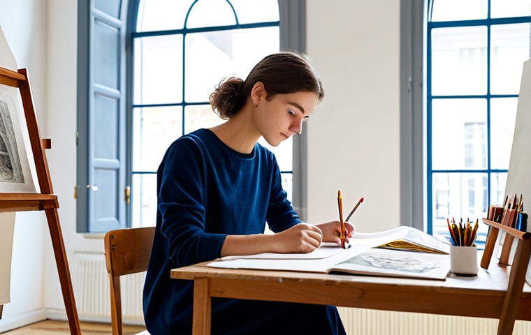 A focused young adult, a French art student, with perfect anatomy and natural proportions, dressed in professional, modest attire. The student is sitting at a well-organized studio desk, carefully reviewing a physical art portfolio. Their well-formed hands are gently turning pages of a sketchbook. The setting is a brightly lit, spacious art studio within a prestigious French art school, featuring high ceilings and large windows. The background hints at creative activity with art supplies neatly arranged on shelves. Professional photography, high resolution, realistic, soft studio lighting, natural body proportions, safe for work, appropriate content, fully clothed, modest, family-friendly.