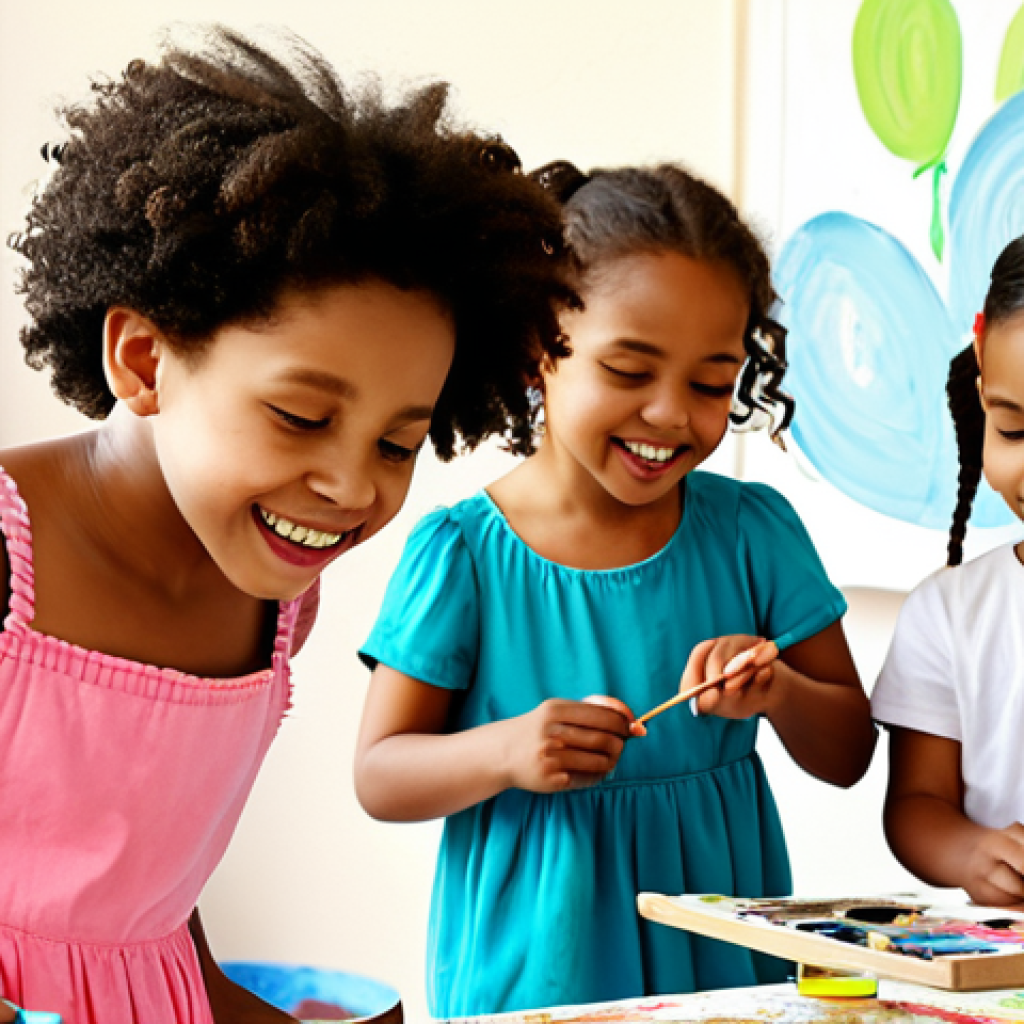 Creative Expression** "A group of diverse children, fully clothed in colorful and modest clothing, engaged in various art activities: painting, sculpting with clay, drawing with pastels. The background shows a bright and cheerful art studio with art supplies scattered around. The scene conveys joy and creativity. Safe for work, appropriate content, fully clothed, family-friendly, perfect anatomy, natural proportions, professional illustration, high quality." **