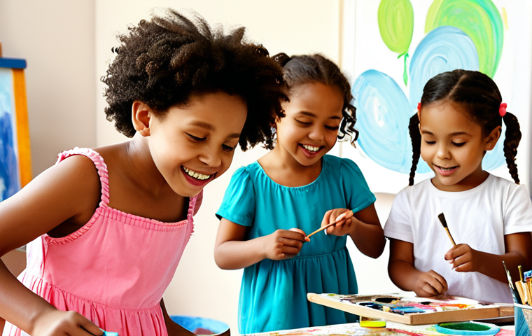 Creative Expression** "A group of diverse children, fully clothed in colorful and modest clothing, engaged in various art activities: painting, sculpting with clay, drawing with pastels. The background shows a bright and cheerful art studio with art supplies scattered around. The scene conveys joy and creativity. Safe for work, appropriate content, fully clothed, family-friendly, perfect anatomy, natural proportions, professional illustration, high quality." **