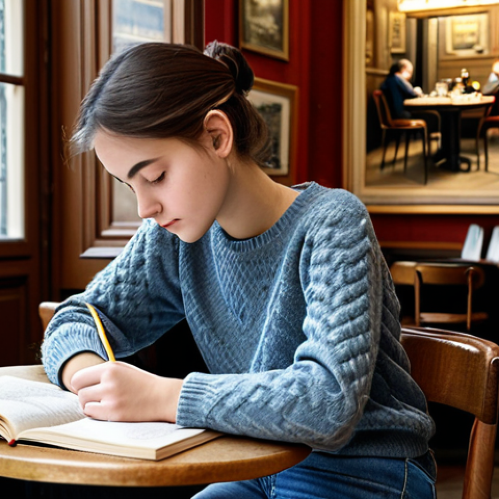 Studying in a Parisian Cafe** "A young, fully clothed art student studying diligently at a classic Parisian cafe, surrounded by textbooks and art supplies. She is wearing a modest sweater and jeans. Soft, natural lighting, professional photography, safe for work, appropriate content, perfect anatomy, natural proportions, family-friendly." **