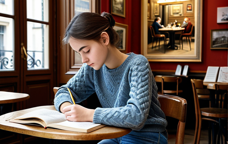 Studying in a Parisian Cafe** "A young, fully clothed art student studying diligently at a classic Parisian cafe, surrounded by textbooks and art supplies. She is wearing a modest sweater and jeans. Soft, natural lighting, professional photography, safe for work, appropriate content, perfect anatomy, natural proportions, family-friendly." **