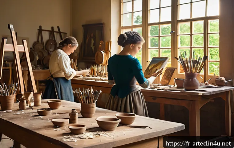 미술교육사와 예술경영의 연관성 - A vibrant Renaissance-era artisan workshop scene, featuring diverse artists and apprentices actively...