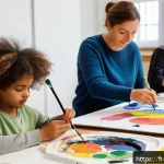 Home 19 미술교육사 취업 과정 단계별 가이드 - A vibrant art education workshop scene in a French cultural center, featuring a diverse group of chi...