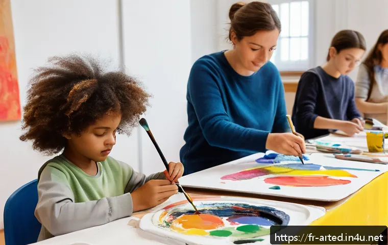 미술교육사 취업 과정 단계별 가이드 - A vibrant art education workshop scene in a French cultural center, featuring a diverse group of chi...