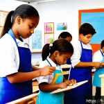 Home 18 미술교육사 교육 프로그램 사례 - A bright and spacious French school art classroom transformed into a creative workshop, filled with ...
