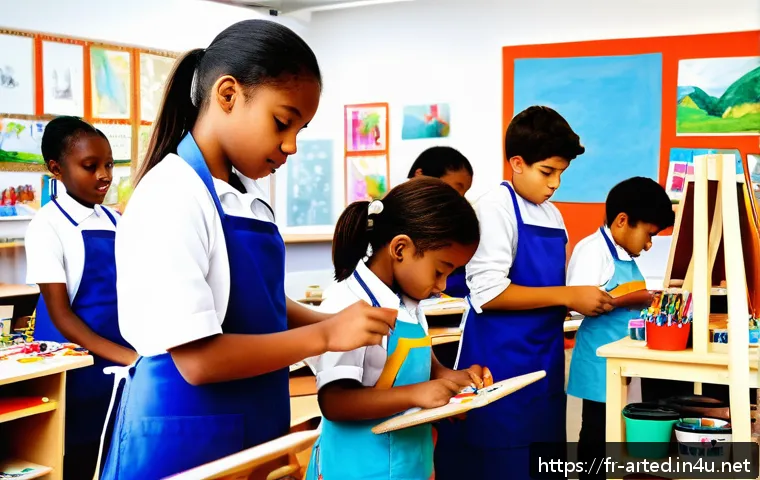 미술교육사 교육 프로그램 사례 - A bright and spacious French school art classroom transformed into a creative workshop, filled with ...