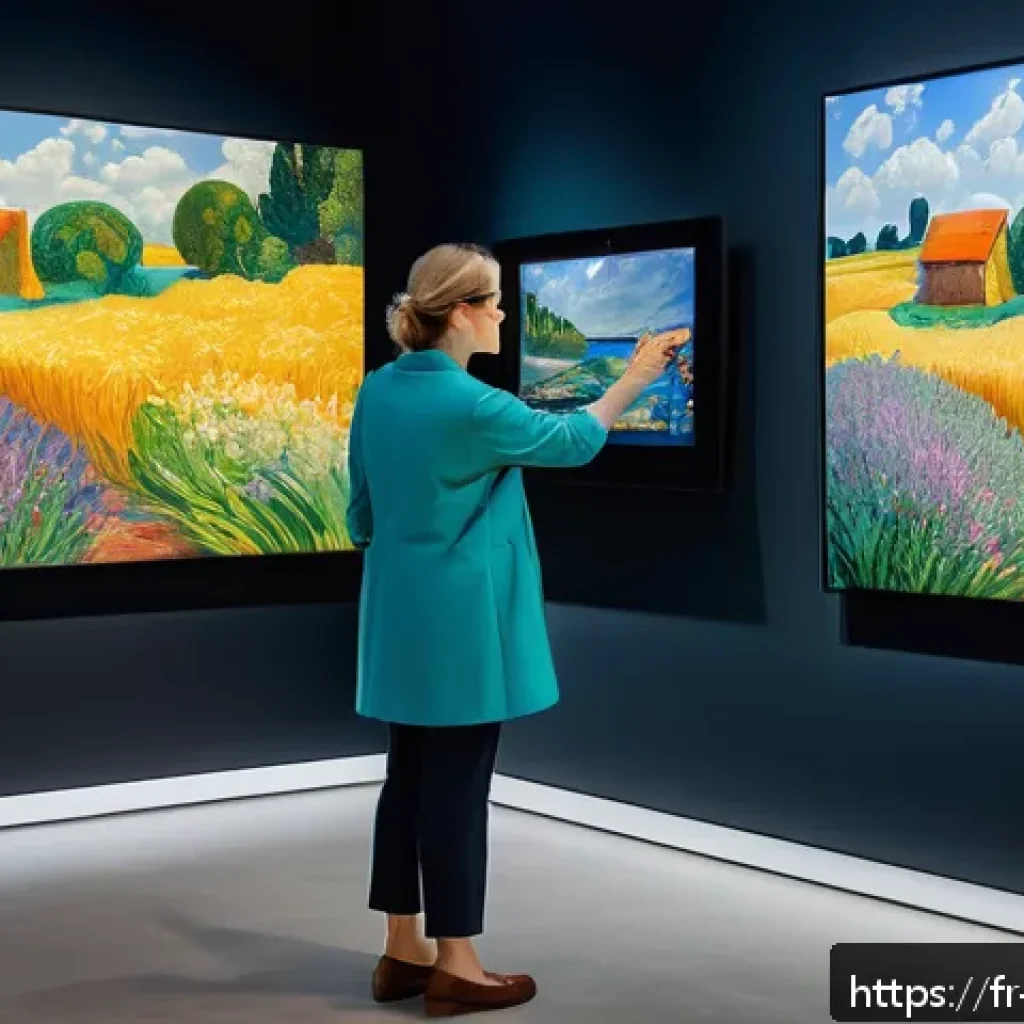 미술교육사 필수 이론 공부법 - A sophisticated digital art museum scene showcasing a user interacting with a large touchscreen disp...