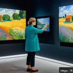 Home 23 미술교육사 필수 이론 공부법 - A sophisticated digital art museum scene showcasing a user interacting with a large touchscreen disp...