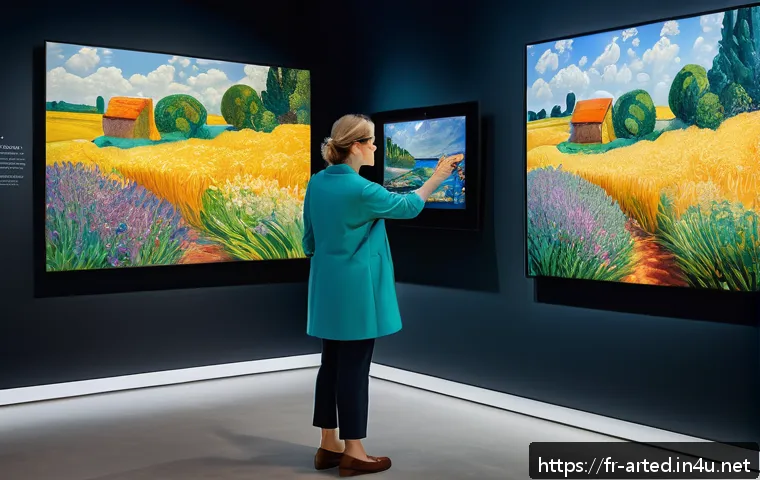 미술교육사 필수 이론 공부법 - A sophisticated digital art museum scene showcasing a user interacting with a large touchscreen disp...