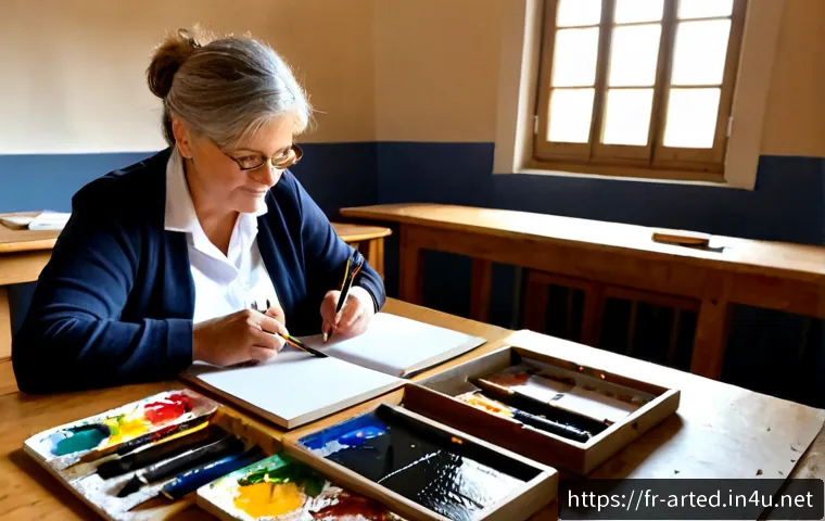 미술교육사 강의 기획과 운영 - Photorealistic art education course planning scene in a bright French community arts center, a middl...