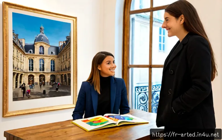 Home 17 미술교육사 취업 성공 팁 - Photorealistic career success scene in France: a confident young art educator in smart casual attire...