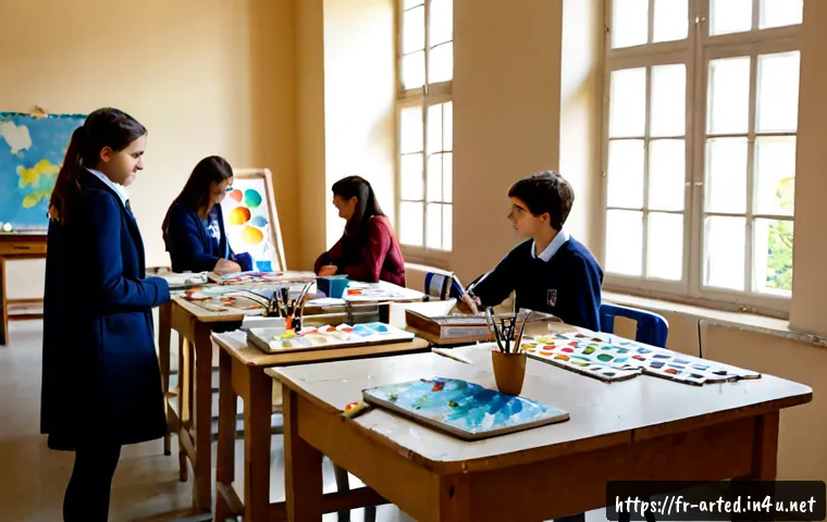 미술교육사와 교육 정책 변화 - Photorealistic French secondary school art classroom during a curriculum policy transition, experien...