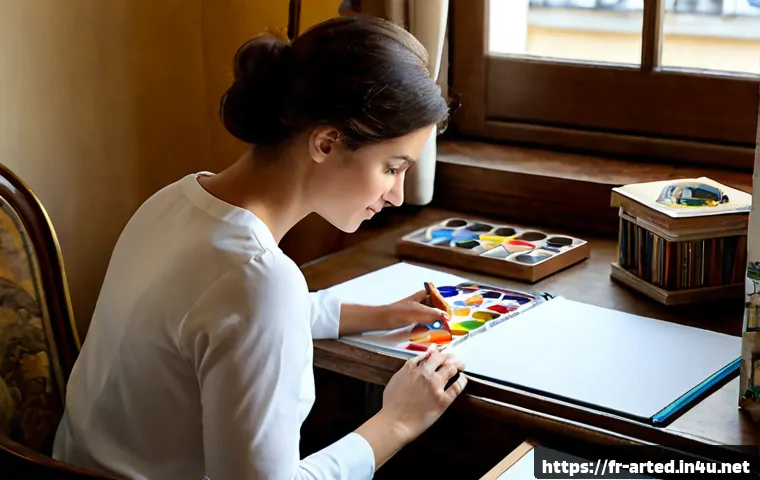 미술교육사 자격증 취득 동기 - Photorealistic French adult woman in her early 40s seated at a bright home studio desk, thoughtfully...