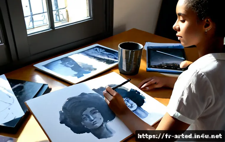 미술교육사 포트폴리오 준비법 - Photorealistic French art education student preparing a professional portfolio at a sunlit Paris stu...